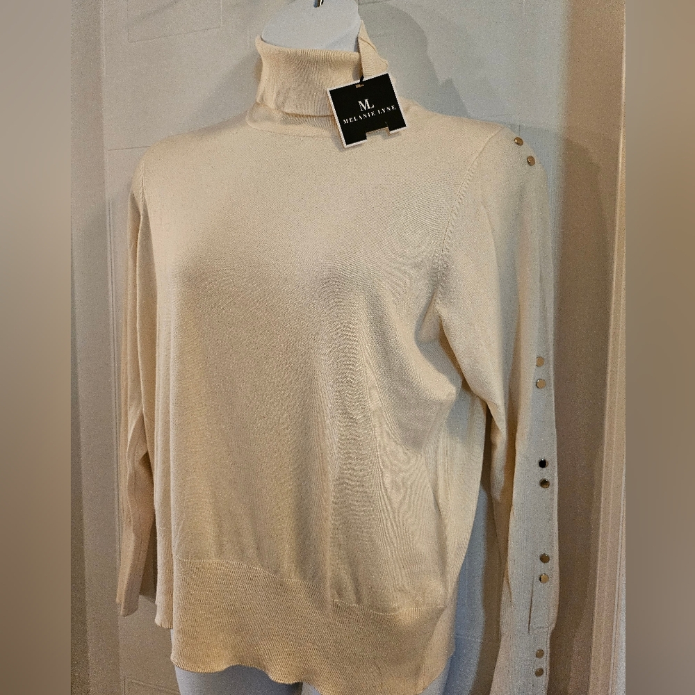 Melanie Lyne XL knit Brand New  low turtleneck sweater. Gold Accents On Sleeve.